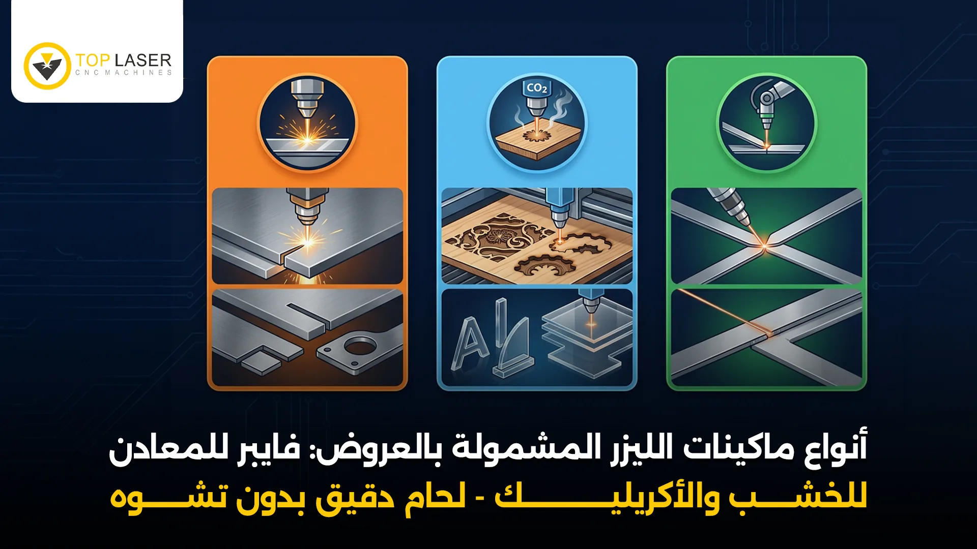 أنواع ماكينات الليزر المشمولة بالعروض: فايبر ليزر للمعادن وليزر CO2 للخشب والأكريليك ولحام ليزر