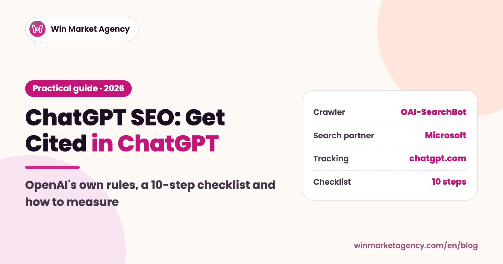 Cover for a ChatGPT SEO guide showing the crawler to allow, the search provider, the tracking tag and the checklist length