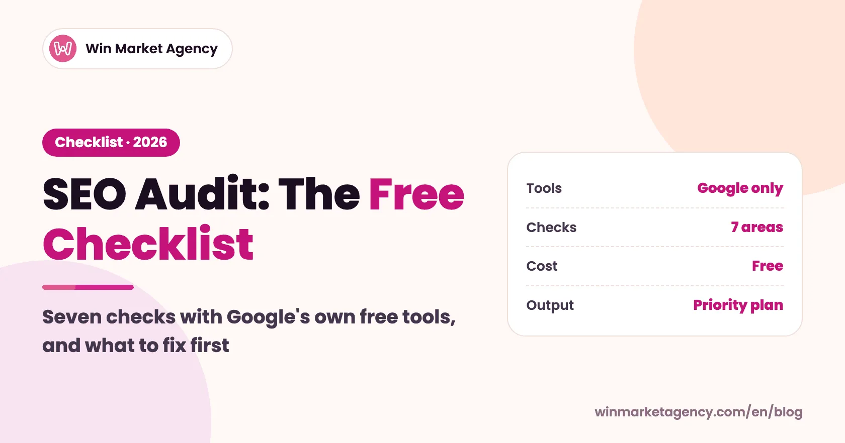 SEO audit checklist cover showing seven audit areas checked with free Google tools: indexing, speed, on-page, content, links, AI search and local